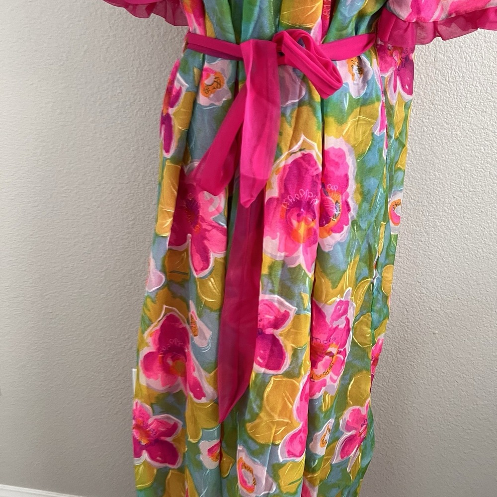 Vintage Jenelle of California Gown Belted Ruffles Floral Lined Colorful Nylon - Picture 8 of 14
